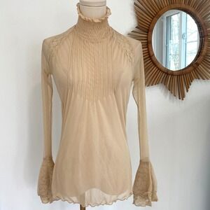 Express Tan Sheer Mesh Lace Ruffle Flare Sleeve Turtleneck Blouse M Romantic